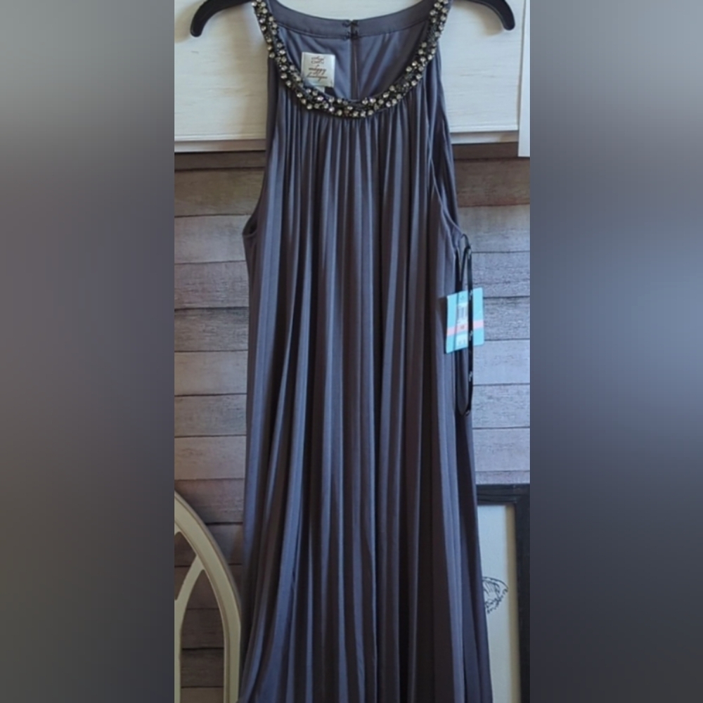 Suzi Chin Gray Midi Dress with Beaded Neckline